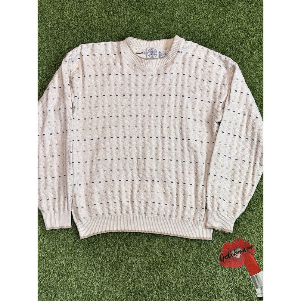 Vintage Care‎ Isle Knitters Sweater Men Small White Geometric Grandpa Knit 80s